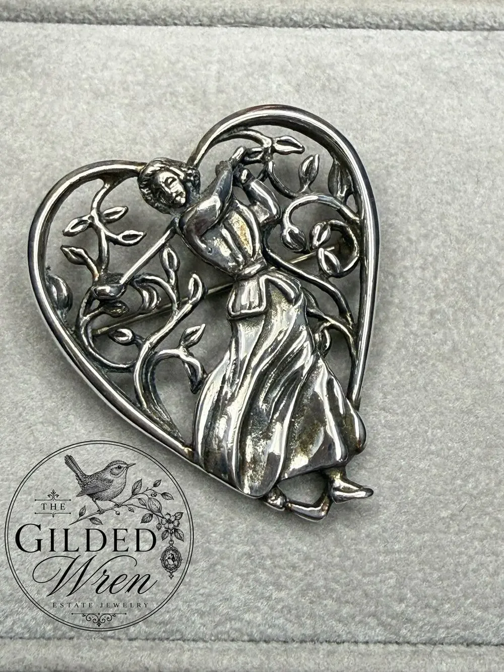 Vintage H&H Sterling Silver Lady Golfer Heart Brooch Pin Art Nouveau Golf Gift